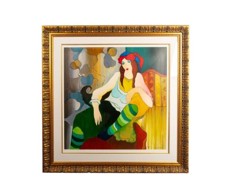 Original color serigraph on wove paper entitled At Ease by Post Impressionist artist Itzchak Tarkay that depicts a seated wom