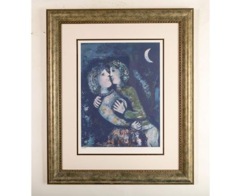 My Love is an original color lithograph on paper by Marc Chagall that depicts a couple embracing under a crescent moon. Signa