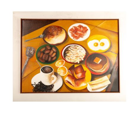 This Pop style large original oil on canvas Still-Life depicts a brightly colored full breakfast set on a tile countertop tha
