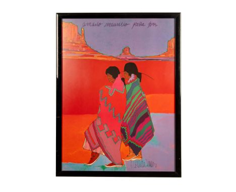 Large brightly colored print on paper by artist Amado Maurilio Pena Jr. who specializes in depictions of Native Americans and