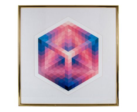 Color serigraph on paper entitled Orange Box by Optical Artist Stanford Slutsky who has created a octagon shaped open cube ma