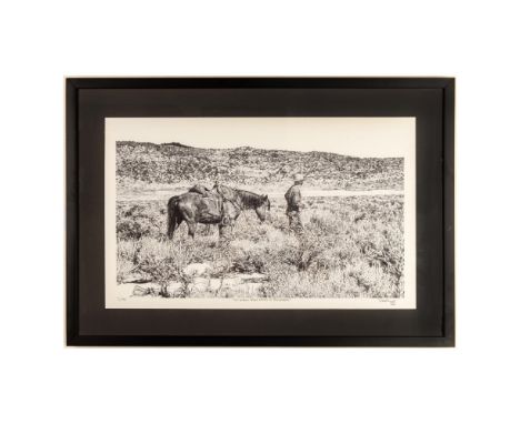 Original black and white lithograph on paper by American artist Joe Milazzo who specializes in Western Art that he creates wi