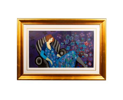 Original textured color serigraph on wove paper by Post Impressionist Itzchak Tarkay entitled Violet Respite. It depicts a wo