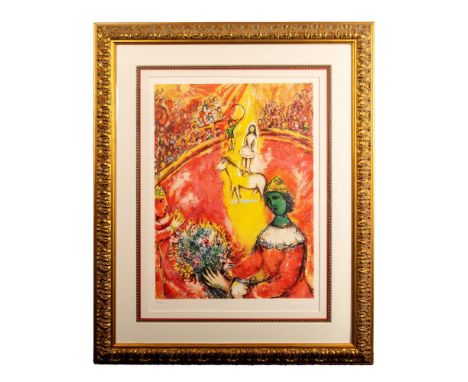 Circus is a large original color lithograph on paper by Marc Chagall that depicts performers in vibrant colors including brig