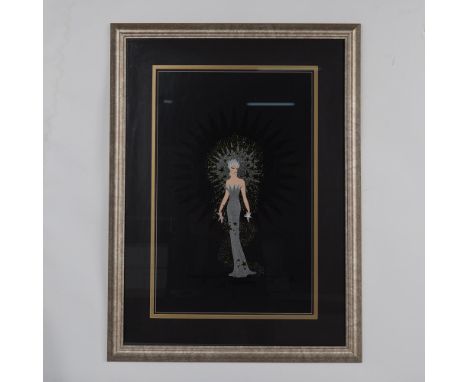 Imposing original embossed serigraph with foil on black paper entitled Starstruck by Art Deco artist Erte. It depicts an eleg