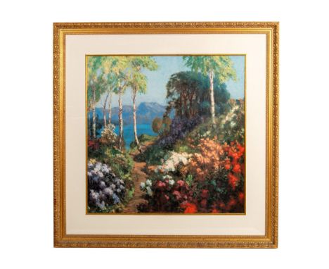 Large poster print after an original Impressionist style painting that depicts a flowery garden path that leads to a blue wat