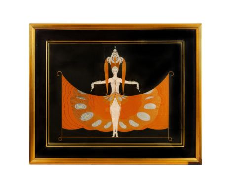 Imposing original embossed serigraph with foil on black paper entitled Hindu Princess by Art Deco artist Erte. It depicts a w