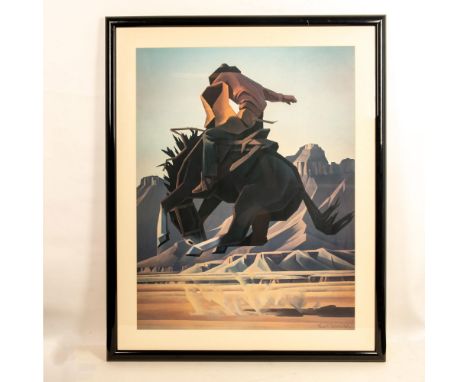 Large color print on paper of a cowboy riding a rearing buck by American Southwest artist Ed Mell who used earth tones with j