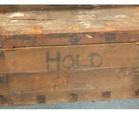 A wooden and metal lined tea trunk, 90cm wide, (AF).
