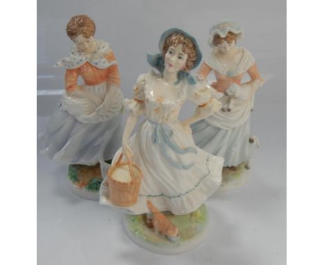 Three Royal Worcester Old Country Ways figures, comprising Farmer's wife, The Shepherdess and The Milkmaid, each 20cm high.