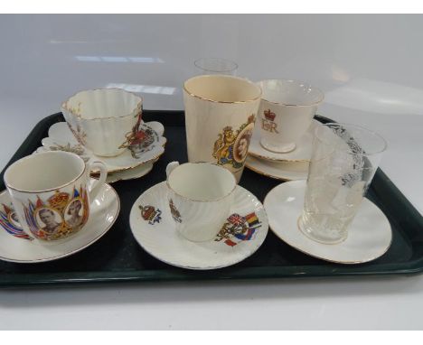 A selection of commemorative ware, including Queen Alexandra and King Edward Celebrated Mountain Dew of Leith glasses, commem