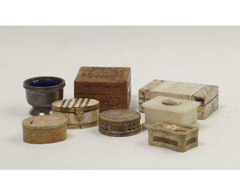 A selection of trinket boxes, including gilt and bone soapstone carved wood, etc.