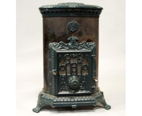 A Godin Au Charbon green enamel wood burning stove, 80cm high.