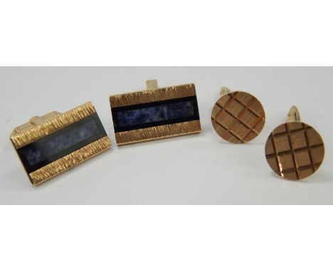 Two pairs of 9ct gold cufflinks, one of circular engine turned form, the other of rectangular form with inserted rectangular 