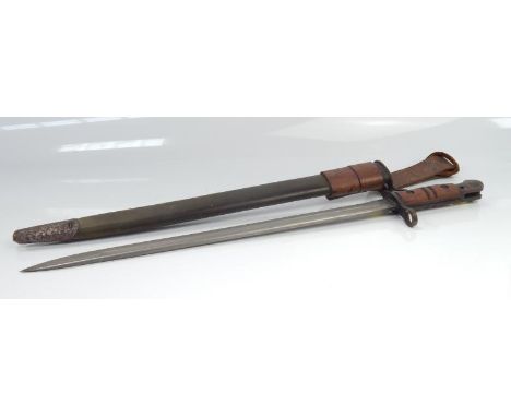 A WWI USA 1917 Patton Winchester bayonet, in scabbard with belt attachment, total length in scabbard 58cm.