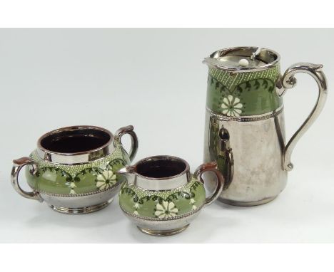 A Silvoe Art Ware silver lustre jug, with green borders and matching sugar basin and cream jug, (3).