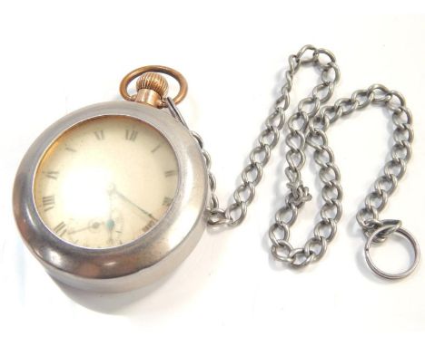 A mid 20thC gold plated pocket watch, in Dennison case with enamel dial having Roman numerals and blued poire hands, in later