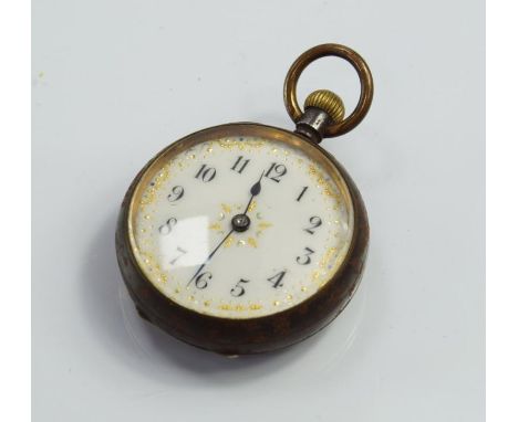 An early 20thC ladies Omega fob watch, with enamel dial having Arabic numerals and floriate gold piquet decoration to minute 