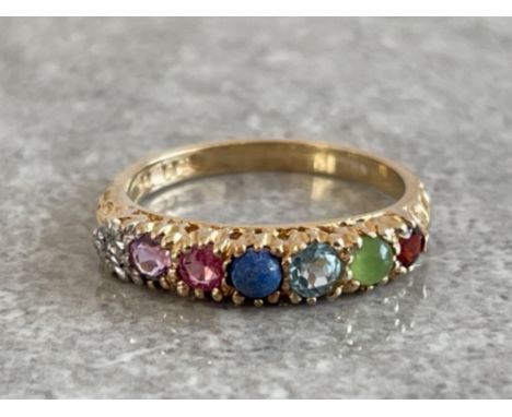 VINTAGE 9CT GOLD ACROSTIC DARLING RING DIAMOND AMETHYST RUBY LAPIS GARNET AND LOLITE IN ORIGINAL BOX SIZE K 1.7G