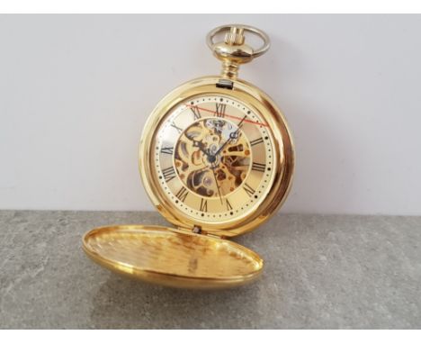 FULL HUNTER POCKET WATCH WITH SKELETON DIAL - MANUAL WIND, EXCELLENT CONDITION, GOLD COLOURED