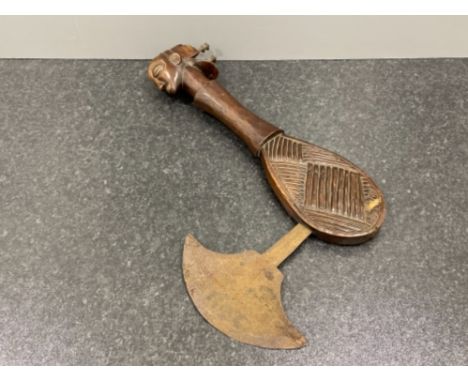 POLYNESIAN/ OCEANIA CEREMONIAL AXE WITH HAND ETCHED BLADE CARVED HEAD POMMEL AND HAND FORGED NAIL BACK DECORATION