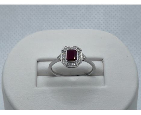 18CT WHITE GOLD ART DECO RUBY DIAMOND DRESS RING SIZE K 1/2 1.9G IN GROSS