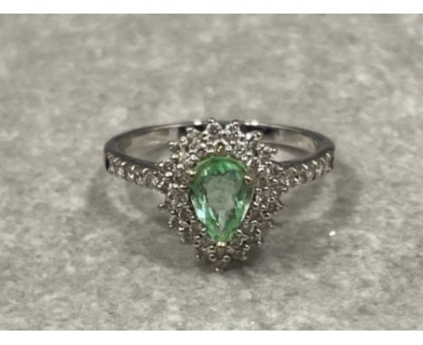 18CT WHITE GOLD CLUSTER RING PEAR CUT EMERALD AND DIAMONDS