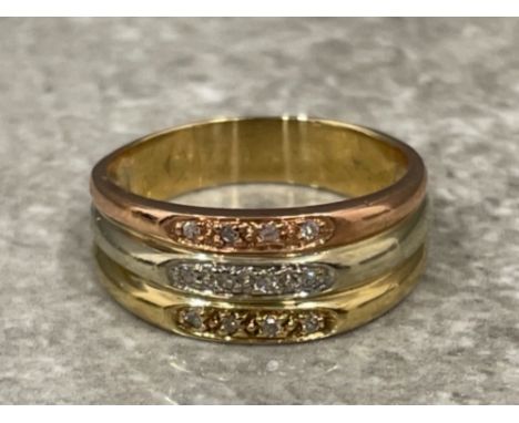 9CT 3 COLOURED GOLD TRIPLE BAND RING SET WITH DIAMONDS SIZE N 1/2 WEIGHT 3.3G GROSS&nbsp;