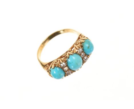 Late Victorian gold turquoise and diamond ring with three oval turquoise cabochons interspaced by six old cut diamonds in gol