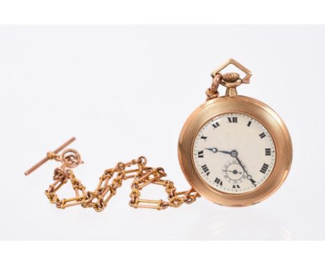 1920s gentlemen’s 9ct rose gold pocket watch, the circular dial with engraved sunburst design, Roman numerals and subsidiary 