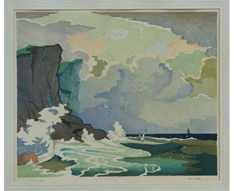 Eric Slater (1896-1963) signed wood-cut - "Rough Sea", signed and titled in pencil, in glazed frame, 36cm x 43cm