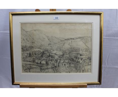Albert Goodwin (1845-1932) pencil and charcoal on paper - Village in the Valley, initialled, in glazed gilt frame, 35cm x 51c