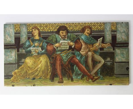 Pair of late 19th century Copeland Aesthetic period period tiles / panels painted with medieval-clothed music makers, the fir