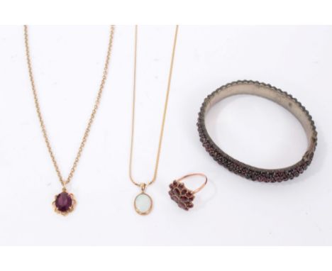Mixed group of jewellery to include garnet set dress ring, Bohemian garnet bangle and two pendants on chains