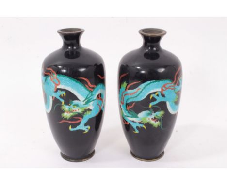 Pair of Japanese enamel baluster vases, of slender form, decorated with a three-toed dragon on midnight blue ground, 15cm hig
