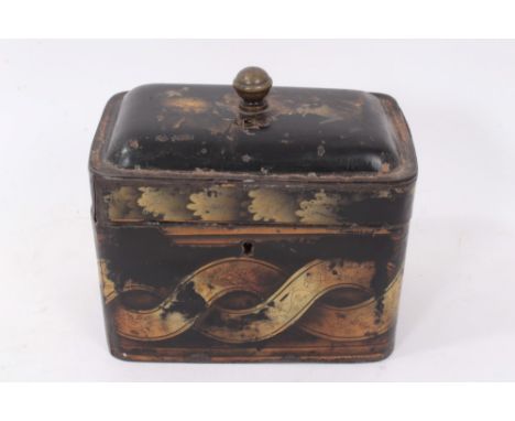 Regency toleware tea caddy, of rounded rectangular form with brass finial, decorated with gilt meandering bands, 17cm high
