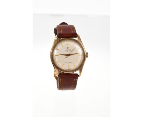 1960s Cyma Navystar Cmyaflex 9ct gold wristwatch with gold baton hour markers and gold hands, centre sweep seconds in circula