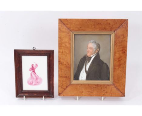 19th Century English porcelain plaque, painted with a portrait of an elderly gentleman wearing black coat and cravat, in mapl