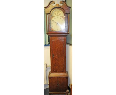 Early 19th Century 30 hour longcase clock, the painted arched dial depicting a hot air ballon, subsidiary dates and painted s