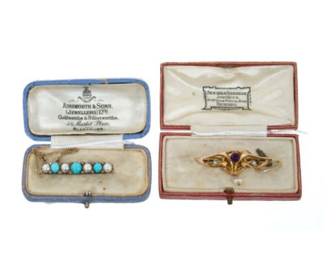 Late Victorian pearl, turquoise and diamond bar brooch with three turquoise cabochons interspaced by four half pearls and dia