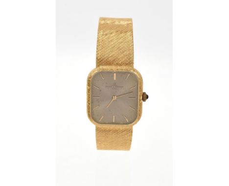 Gentlemen’s 18ct gold Baume &amp; Mercier wristwatch, the rectangular cushion shape champagne dial with applied gold baton ho