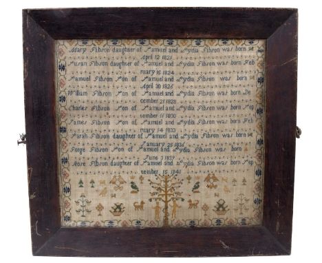 Unusual early Victorian needlework sampler, detailing births of the Gibson family, with Adam and Eve and flower and animal mo