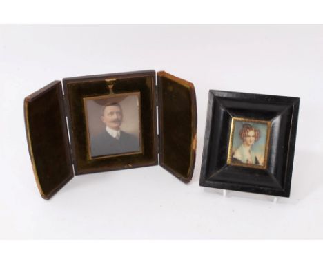 Early 20th century overpainted photographic miniature portrait of a gentleman, signed Russell &amp; Sons, 8 x 6cm, glazed met