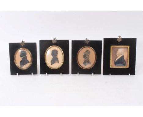 Three early 19th century silhouettes, each oval, approximately 8 x 6cm, in papier mache frames, together with a circa 1820 wa
