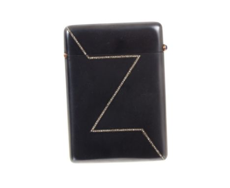 Fine quality diamond and gun metal visiting card case with a zig-zag design set with rose cut diamonds, cabochon sapphire pus