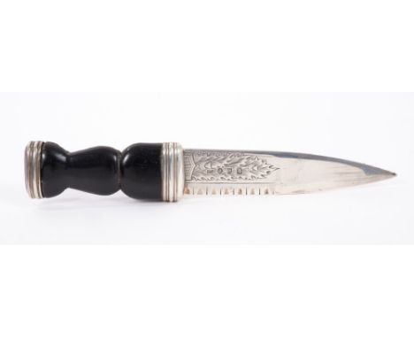 Victorian Scottish Sgian-Dubh of typical form, silver blade with engraved thistle decoration and carved, celtic design, horn 