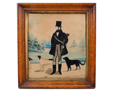 English School, circa 1820, watercolour on paper - Portrait of a sportsman and his dogs, 28 x 25cm, in glazed birds-eye-maple