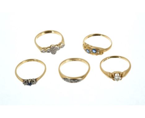 Five 18ct gold and gem set rings to include a late Victorian diamond single stone ring, Victorian sapphire and diamond ring, 