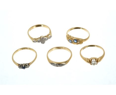 Five 18ct gold and gem set rings to include a late Victorian diamond single stone ring, Victorian sapphire and diamond ring, 