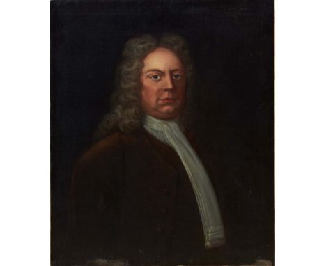 18th century English school oil on canvas - portrait of a Gentleman in wig and brown coat, unframed, 74cm x 62cm